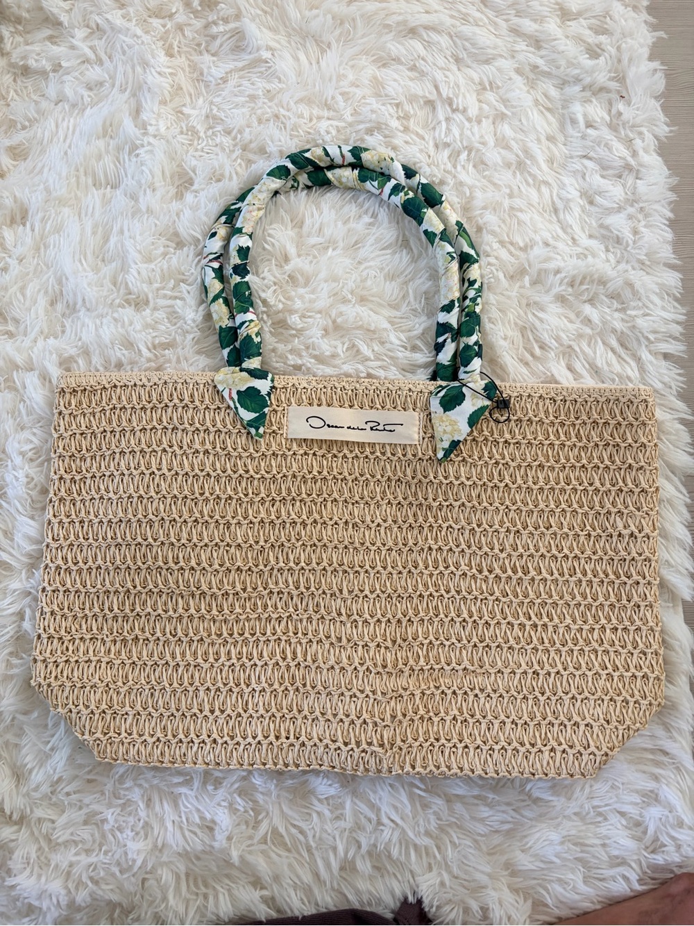 Oscar de Renta- Woven Straw Tote Bag with Green Floral Handles